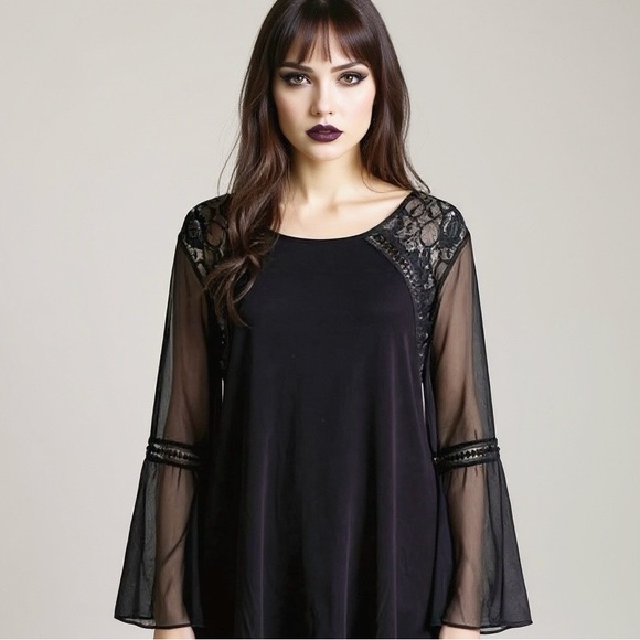 Black Sheer Lace Dark Fairy Grunge Blouse Long Flare Sleeve Crochet Top Sz Large